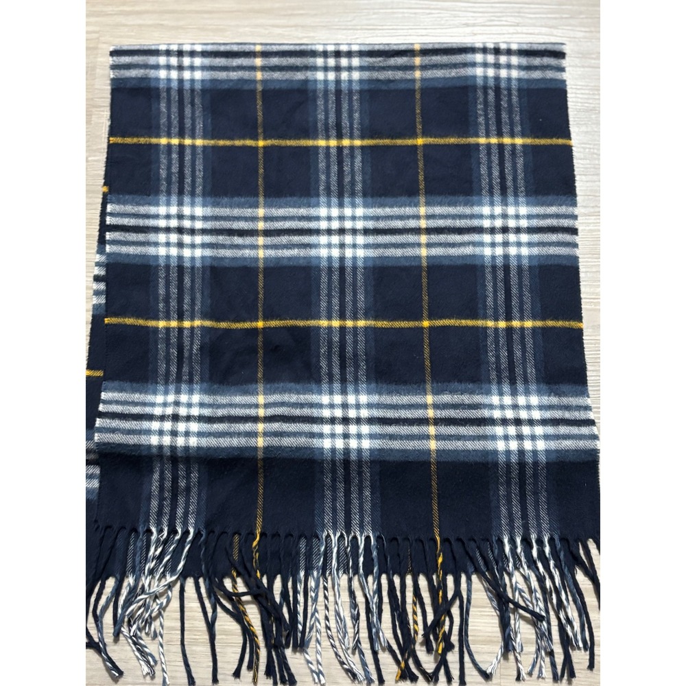V Fraas‎ Plaid Scarf Blue Yellow White Acrylic Fringe Made in Germany